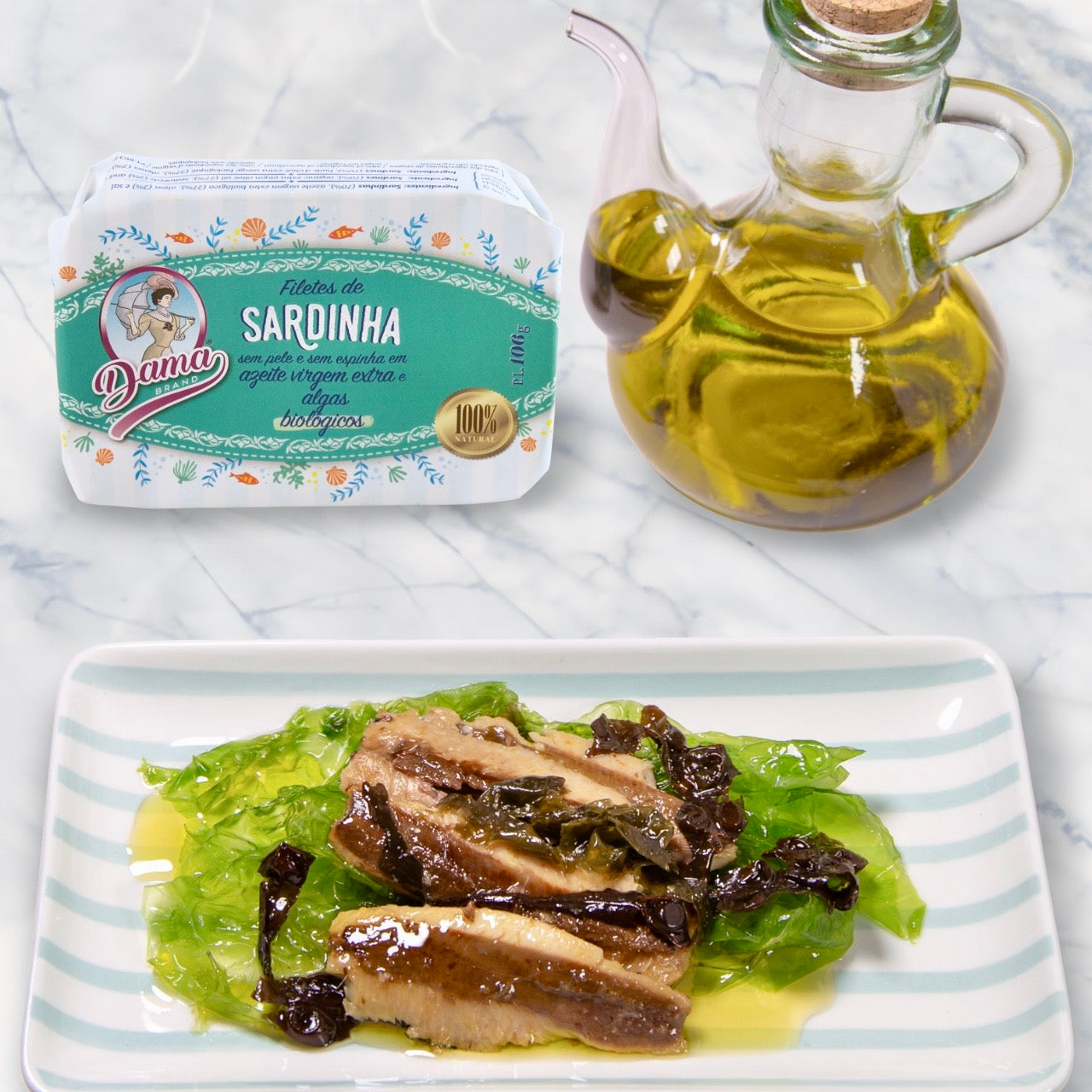 Filets de sardines à l'huile d'olive extra vierge biologique aux algues, sans peau ni arêtes (BIO) | Dama
