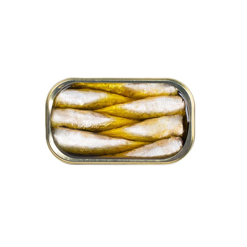 Petites sardines à l'huile d'olive extra vierge biologique et au piment biologique (BIO) | Maria Organic - boîte ouverte