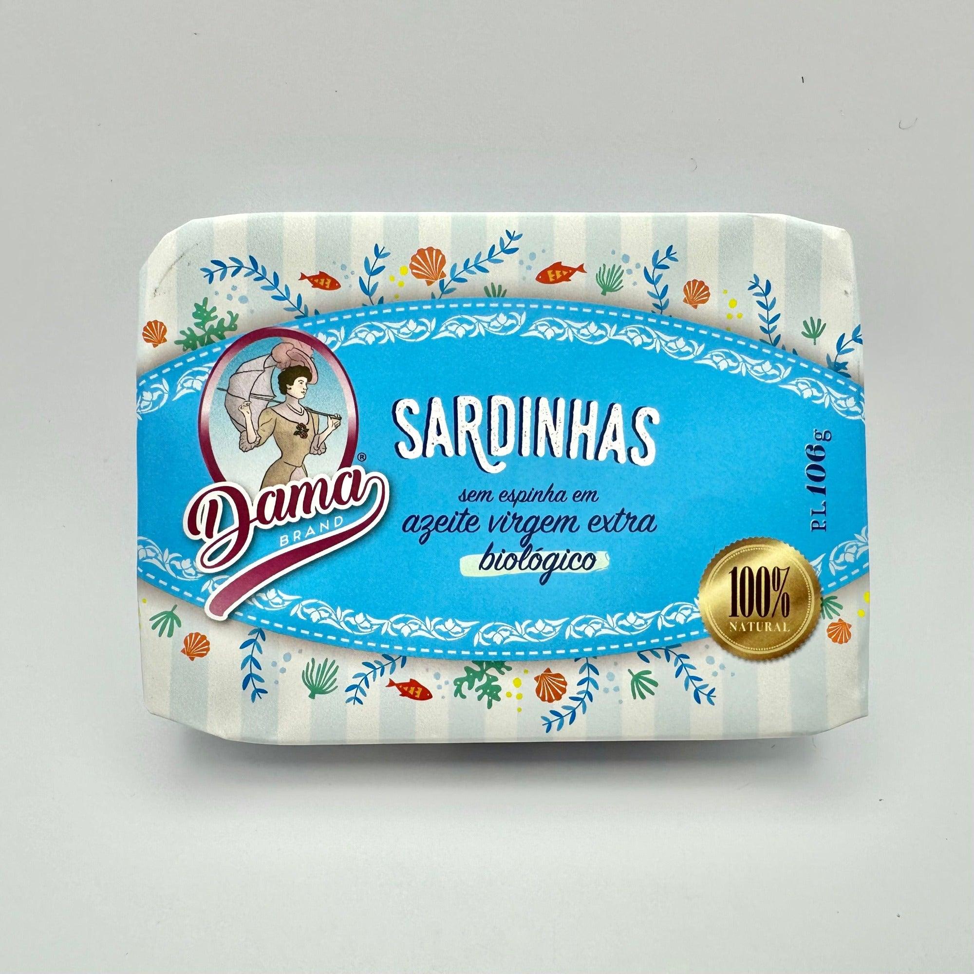 Sardines à l'huile d'olive extra vierge biologique, désossées DAMA avec fond